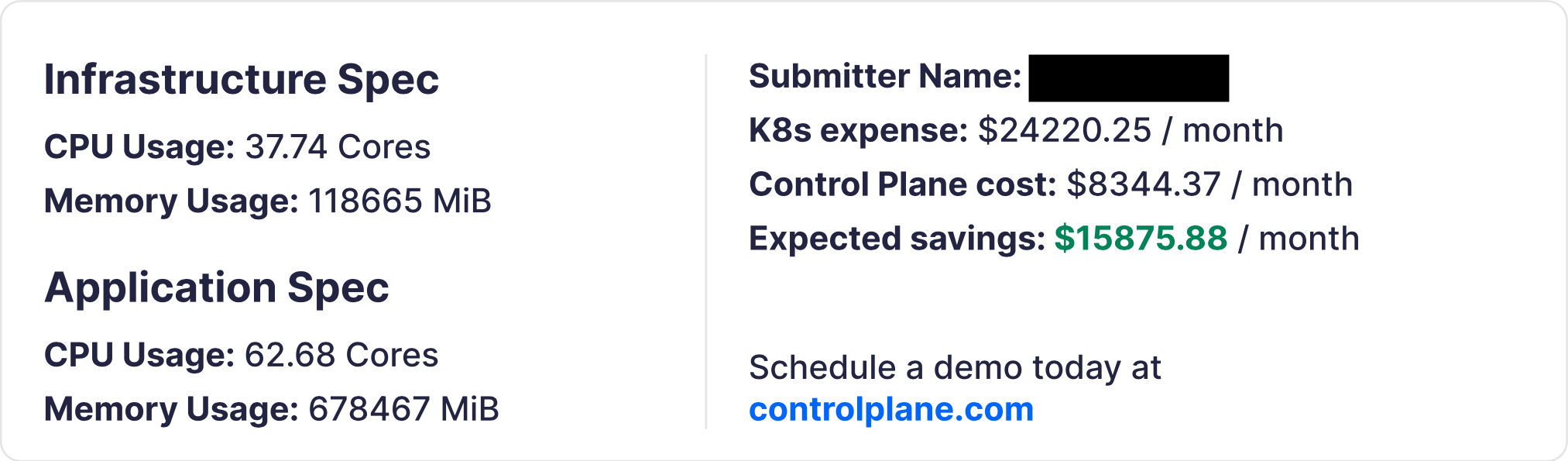 Screenshot shows part of a report including Infrastructure spec, Application spec and an expected savings of $15875.88/month with Control Plane