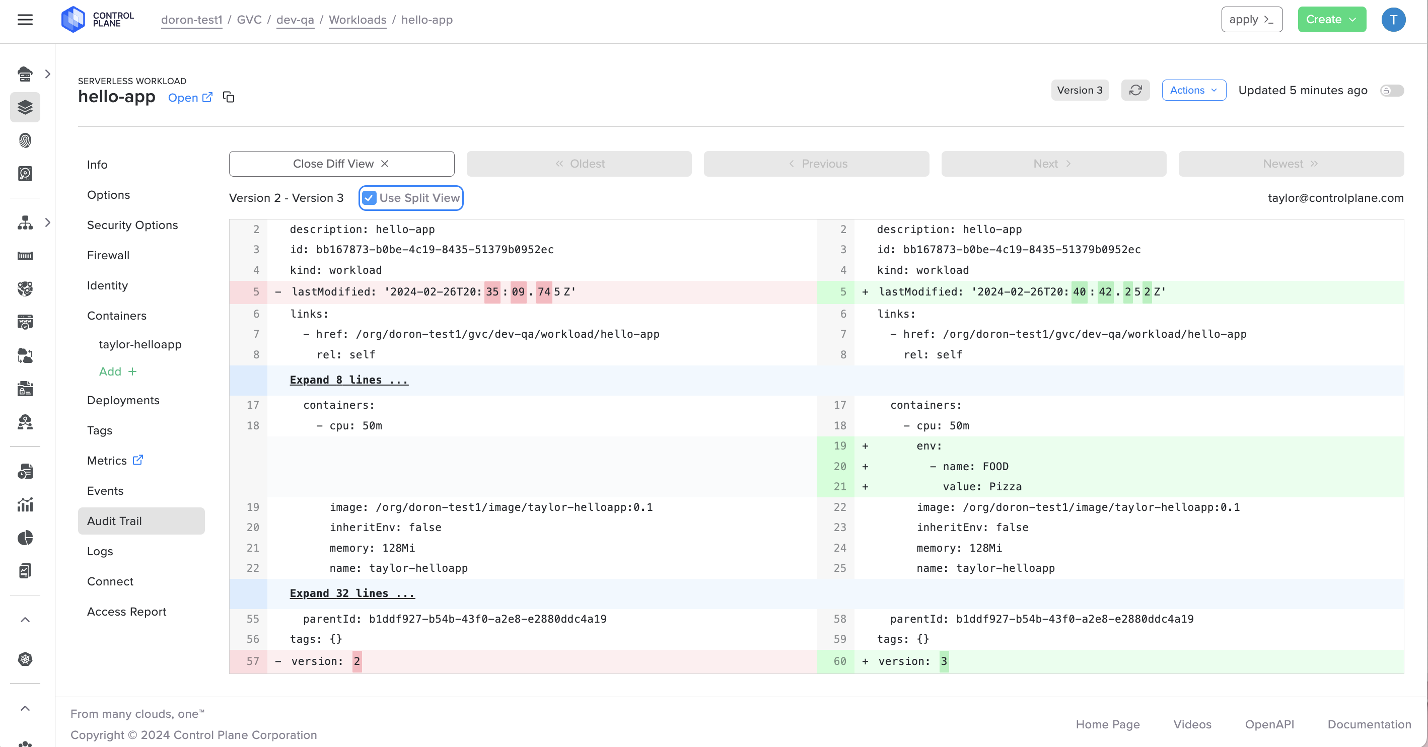 Screenshot displays a sample of the Control Plane's audit trail user interface, showcasing the results of a query that highlights all actions taken on a workload, with clear color differentiation between the previous and current versions.