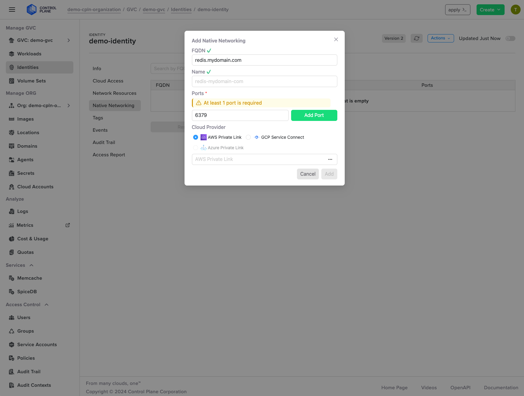 Screenshot shows the configuration options for creating a demo-identity, including the assignment of a Fully Qualified Domain Name (FQDN), accessible ports, and the choice between cloud-specific connectivity options.