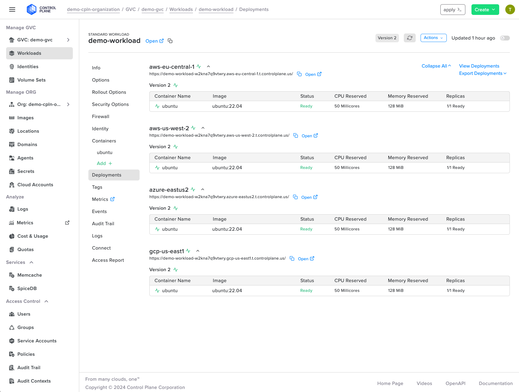 Screenshot shows workload deployed across multiple locations within a GVC